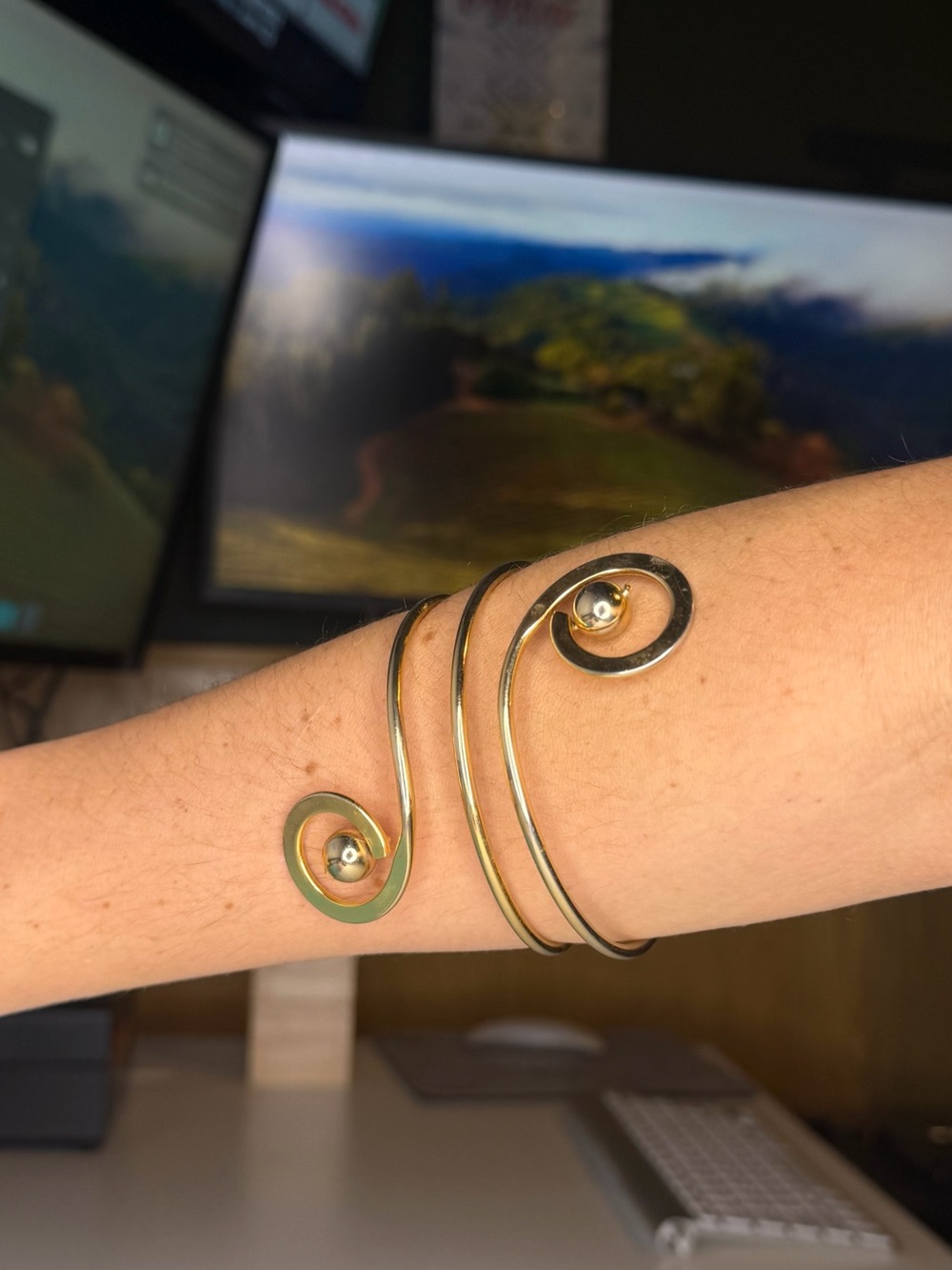 Gold Wire Bypass Bicep Cuff Armband Sleek Modernist Sphere End Wrap Bracelet